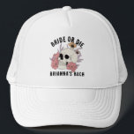 Bride or die black skull bachelorette party favour trucker hat<br><div class="desc">Bride or die black skull bachelorette party favours personalised hat,  bridesmaids gifts bridal party favours,  dark moody gothic bachelorette party theme favours party supplies</div>