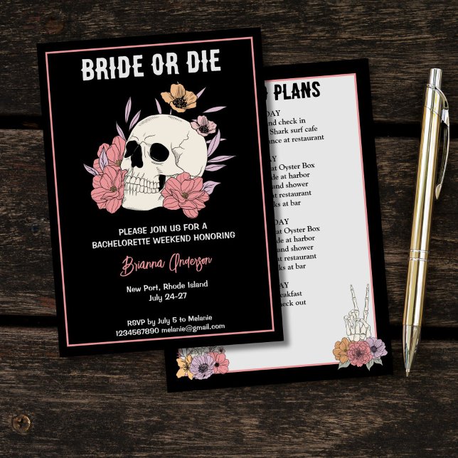 Bride or die black skull bachelorette weekend invitation (Bride or die black skull skeleton bachelorette party weekend itinerary invitation template)