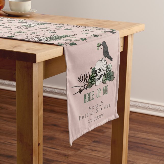 Bride or Die Blush Pink Floral Skull Bridal Shower Long Table Runner (In Situ)