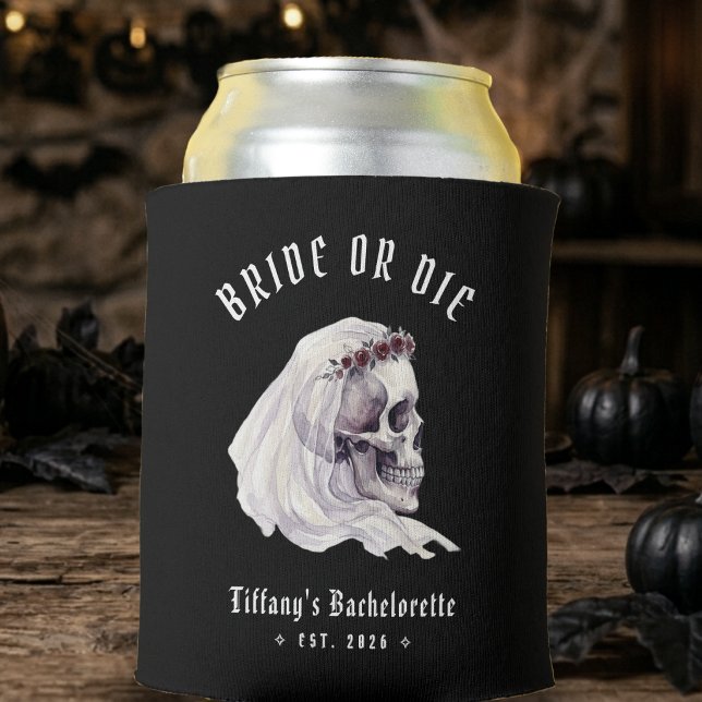 Bride or Die Skeleton Skull Halloween Bachelorette Can Cooler (Creator Uploaded)