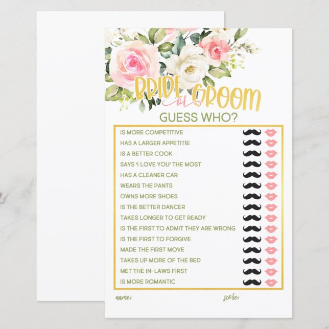 Bride or Groom - Guess Who - Pink Floral & Gold (Front/Back)