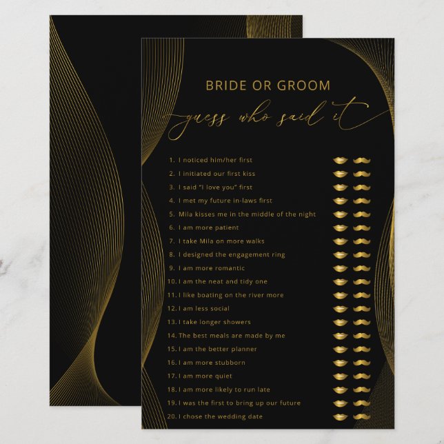 Bride or Groom Guess Who Said it Game Black & Gold (Front/Back)