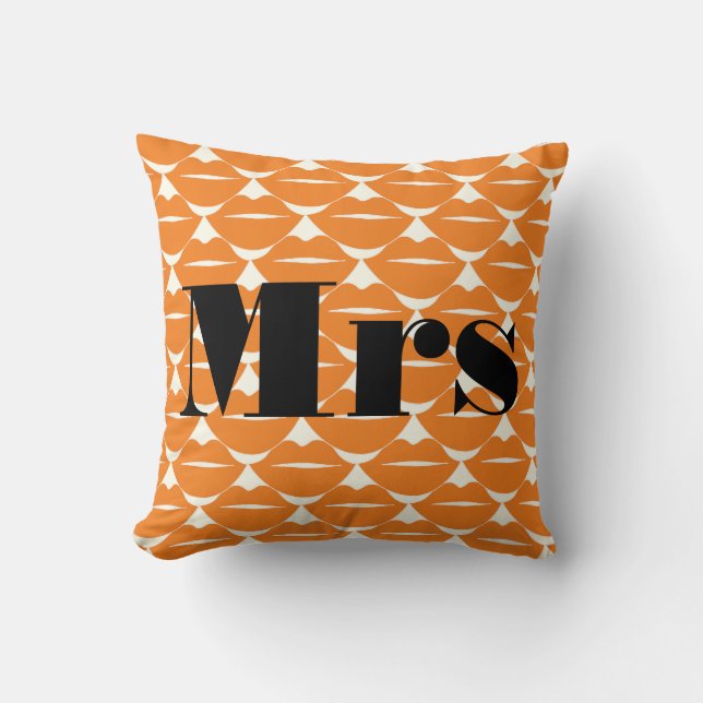 Bride Orange and Ivory Mrs Lips Pattern Cushion (Front)