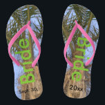 Bride Palm Trees Blue Sky Jandals<br><div class="desc">Cool Palm Trees with a Pretty Blue Sky in the background Unisex Flip Flops with Bride written in a nice green colour text, and Date of Marriage in black text. PERSONALIZE with your Wedding DATE (or delete text). Feel the ocean breeze and tropics beneath your feet. Shown with Slim Pink...</div>