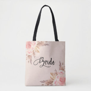 Bride pampas grass blush rose gold floral script tote bag