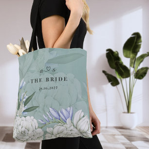 Bride Peony Sage Green & White Botanical Wedding Tote Bag