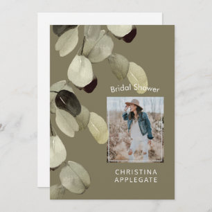 Bride Photo Eucalyptus Dark Khaki Bridal Shower Invitation