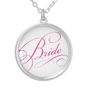 BRIDE pink elegant typography script Silver Plated Necklace