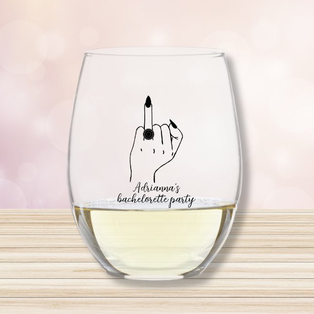 Bride Ring Finger Funny Bachelorette  Stemless Wine Glass (ring finger funny bachelorette party favor wine glass black)