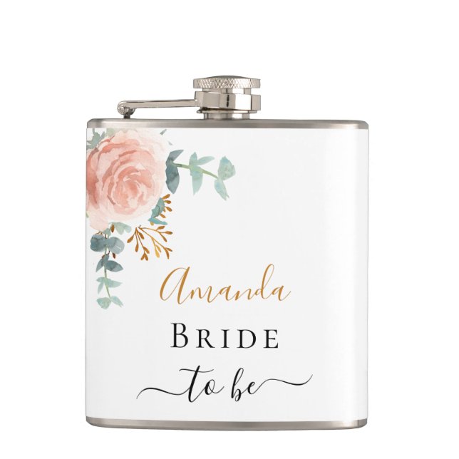 Bride rose gold floral eucalyptus bachelorette hip flask (Front)