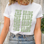 Bride Sage Green Customized Matching Bridal Party T-Shirt<br><div class="desc">Are you looking for a unique and fun way to celebrate your bachelorette party? Why not go with a personalized t-shirt theme? With our retro The Bride personalized sage green t-shirt, you can have all of your bridal party matched up in style! Not only will this shirt be a great...</div>