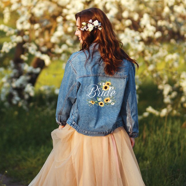 Bride Script Country Chic Watercolor Sunflowers Denim Jacket (Bride Script Country Chic Watercolor Sunflowers Denim Jacket)