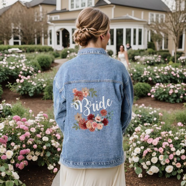 Bride script floral chic flowers denim jacket (Wedding Back)