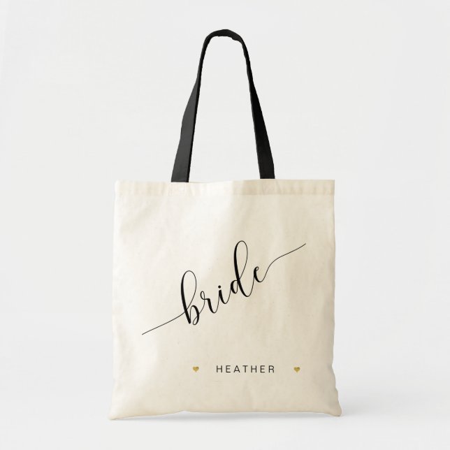 Bride Script Simple Modern Bridal Party Gold Heart Tote Bag (Front)