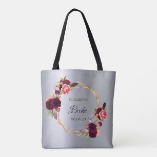 Bride silver burgundy flowers elegant tote bag