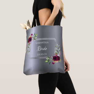 Bride silver burgundy flowers wedding tote bag