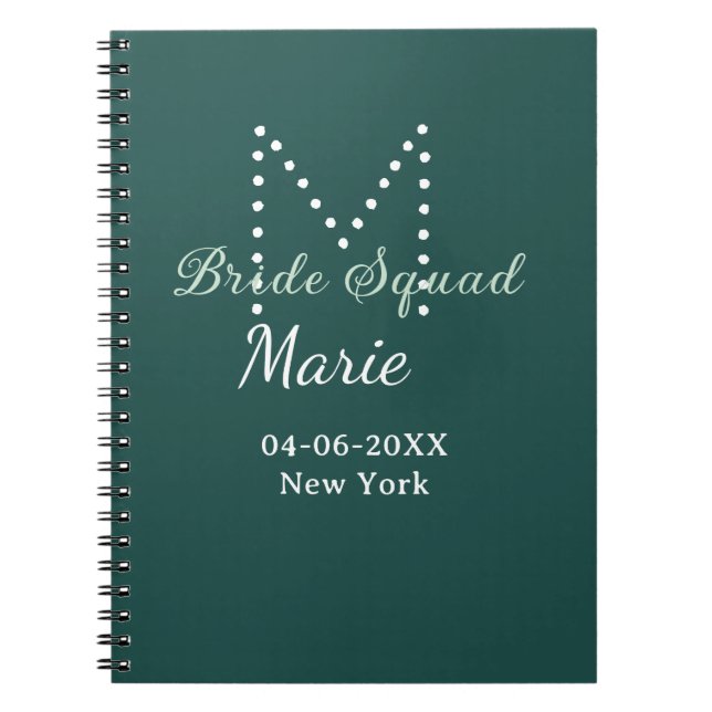 Bride squad add name monogram bridesmaid blue notebook (Front)
