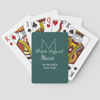 Bride squad add name monogram bridesmaid blue playing cards