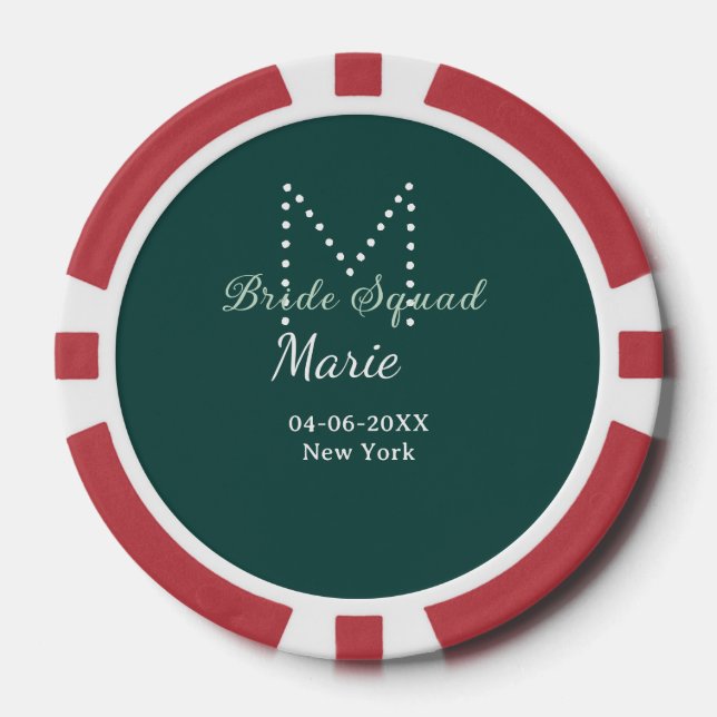 Bride squad add name monogram bridesmaid blue poker chips (Front)