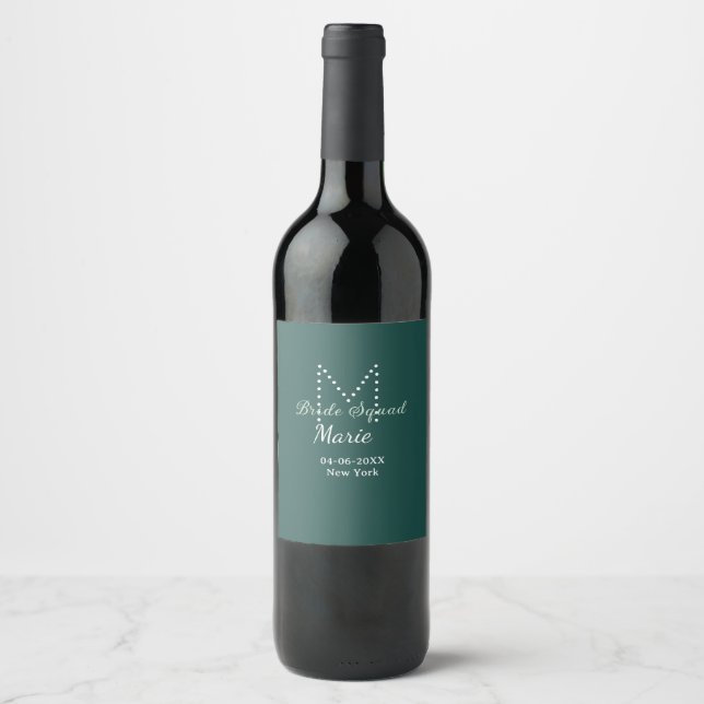 Bride squad add name monogram bridesmaid blue wine label (Front)