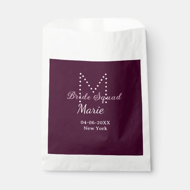 Bride squad add name monogram bridesmaid mauve  favour bags (Front)