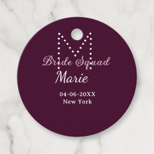 Bride squad add name monogram bridesmaid mauve  favour tags