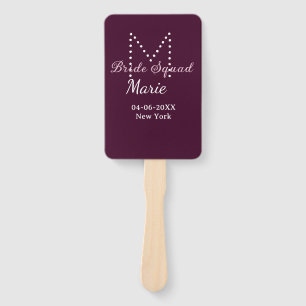 Bride squad add name monogram bridesmaid mauve  hand fan