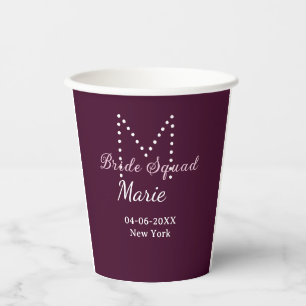 Bride squad add name monogram bridesmaid mauve  paper cups