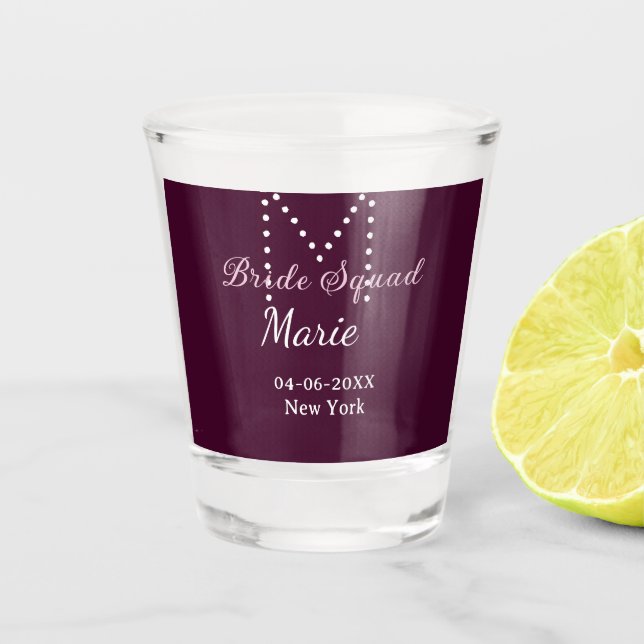 Bride squad add name monogram bridesmaid mauve  shot glass (Front)