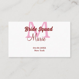 Bride squad add name monogram bridesmaid pink date business card