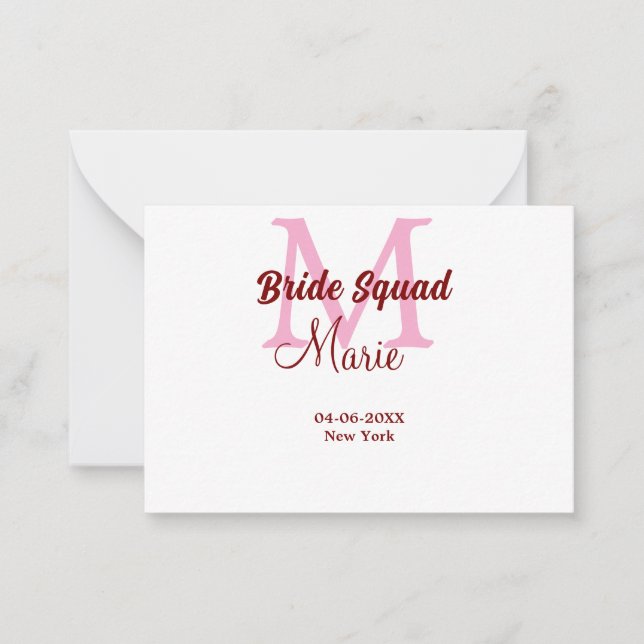 Bride squad add name monogram bridesmaid pink date card (Front)