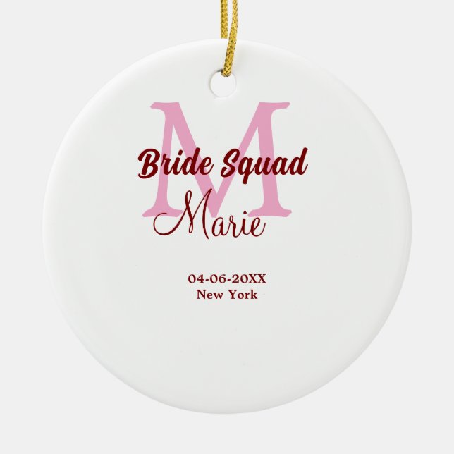 Bride squad add name monogram bridesmaid pink date ceramic tree decoration (Front)
