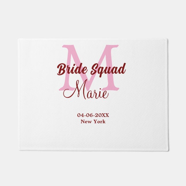 Bride squad add name monogram bridesmaid pink date doormat (Front)