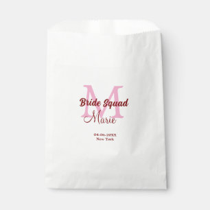 Bride squad add name monogram bridesmaid pink date favour bags
