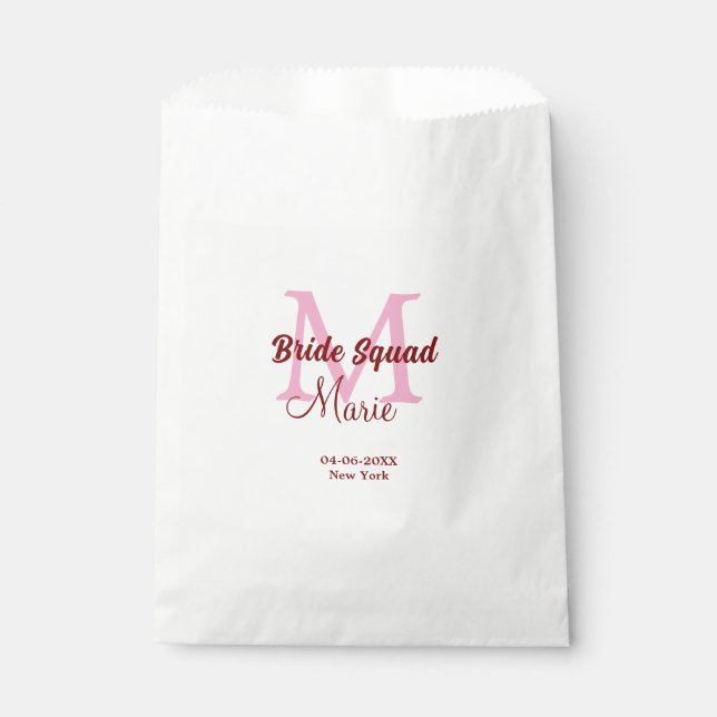 Bride squad add name monogram bridesmaid pink date favour bags (Front)