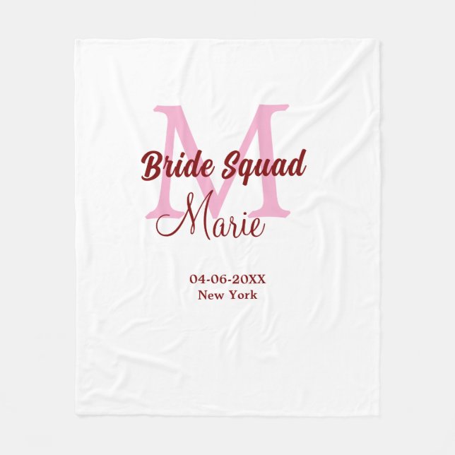Bride squad add name monogram bridesmaid pink date fleece blanket (Front)