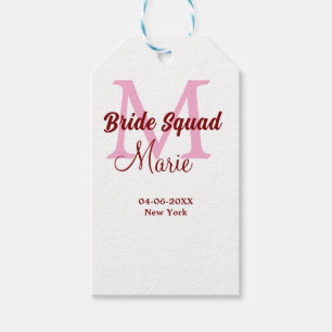Bride squad add name monogram bridesmaid pink date gift tags