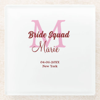 Bride squad add name monogram bridesmaid pink date glass coaster