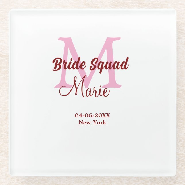Bride squad add name monogram bridesmaid pink date glass coaster (Front)