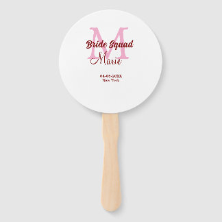 Bride squad add name monogram bridesmaid pink date hand fan