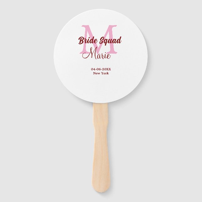 Bride squad add name monogram bridesmaid pink date hand fan (Front)