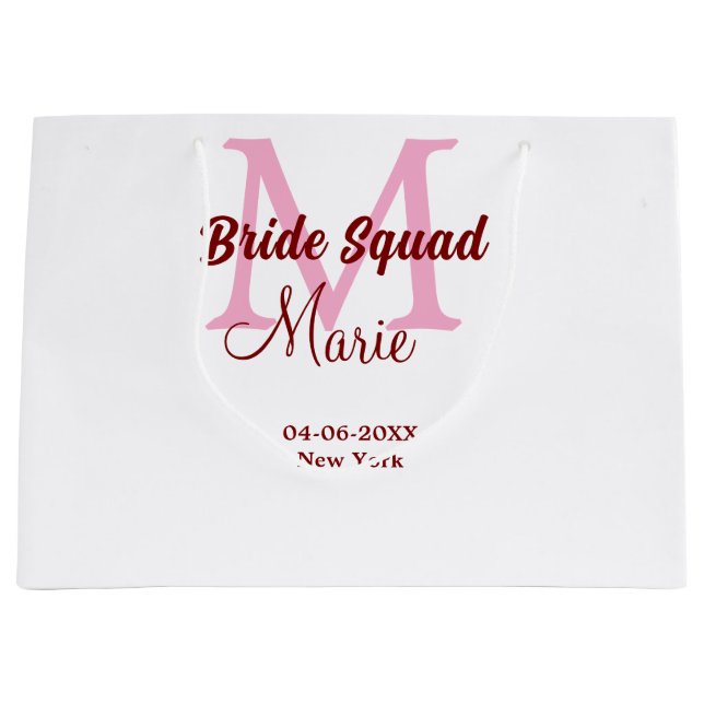 Bride squad add name monogram bridesmaid pink date large gift bag (Front)