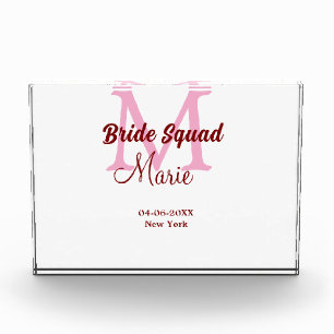 Bride squad add name monogram bridesmaid pink date photo block