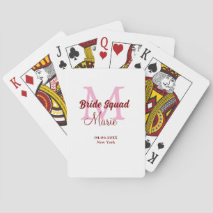 Bride squad add name monogram bridesmaid pink date playing cards