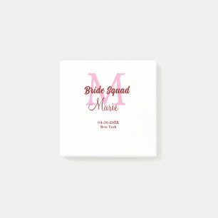 Bride squad add name monogram bridesmaid pink date post-it notes