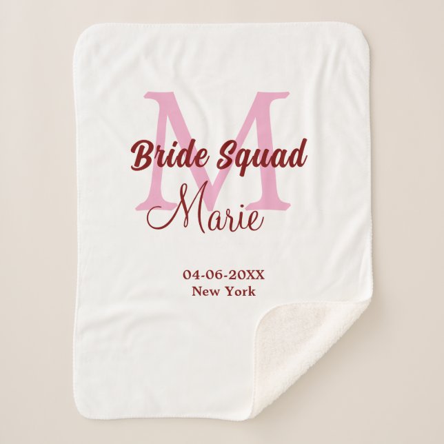 Bride squad add name monogram bridesmaid pink date sherpa blanket (Front)