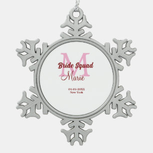 Bride squad add name monogram bridesmaid pink date snowflake pewter christmas ornament