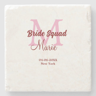 Bride squad add name monogram bridesmaid pink date stone coaster