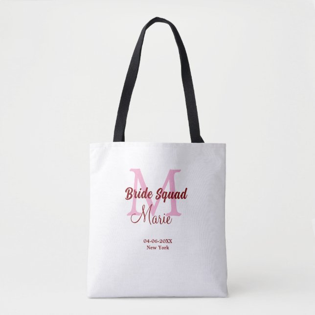 Bride squad add name monogram bridesmaid pink date tote bag (Front)