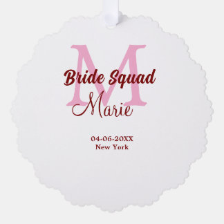 Bride squad add name monogram bridesmaid pink date tree decoration card